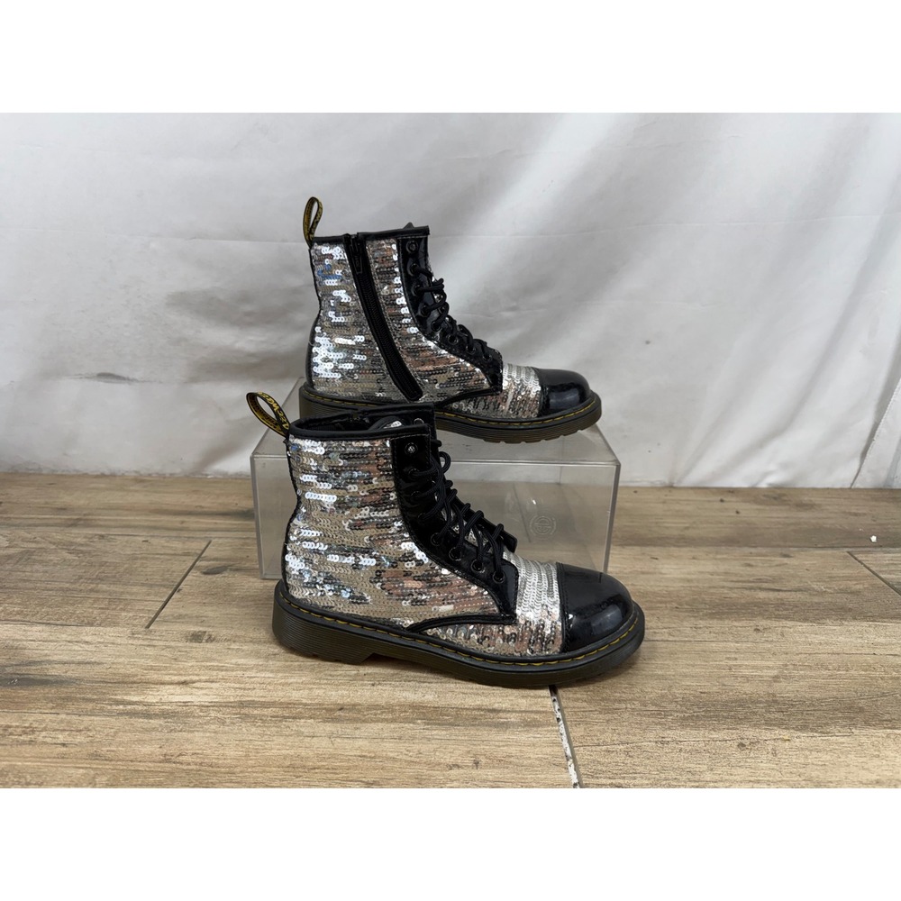 Dr. Martens 1460 Pooch Sequin Silver Black Lace Up Boots Womens 6 5182